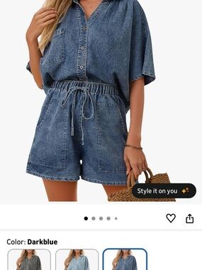 Denim Two-Piece Short Set - Dark Blue